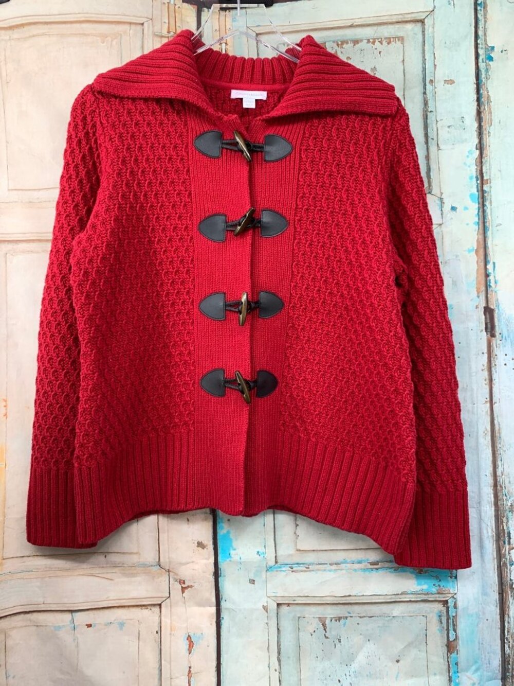 Charter Club Womans Red Cable Knit Toggle Sweater Jacket L 60% Cotton 40% Acryli